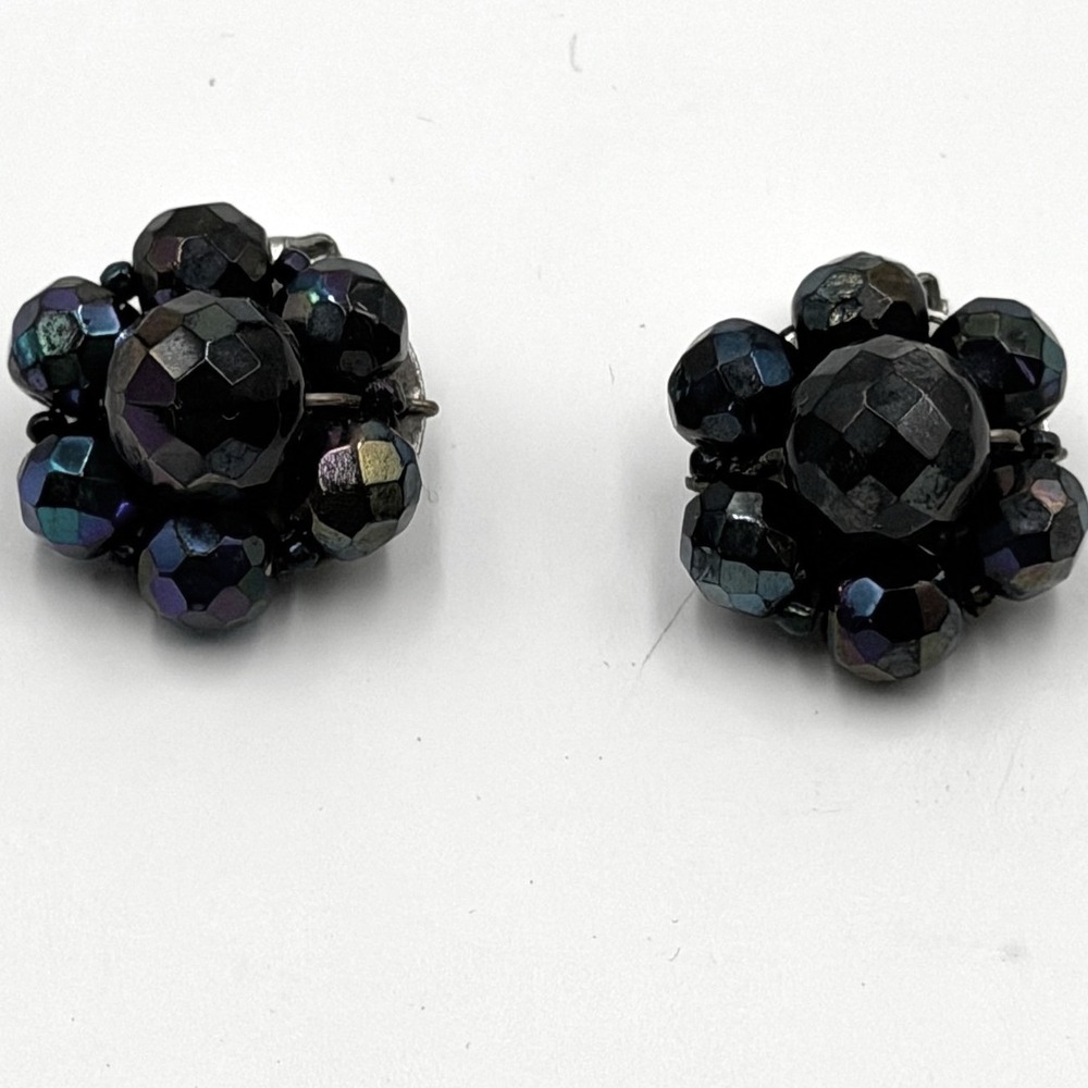 Vtg Black Iridescent Aurora Borealis Faceted Glass Bead Cluster Clip Earrings
